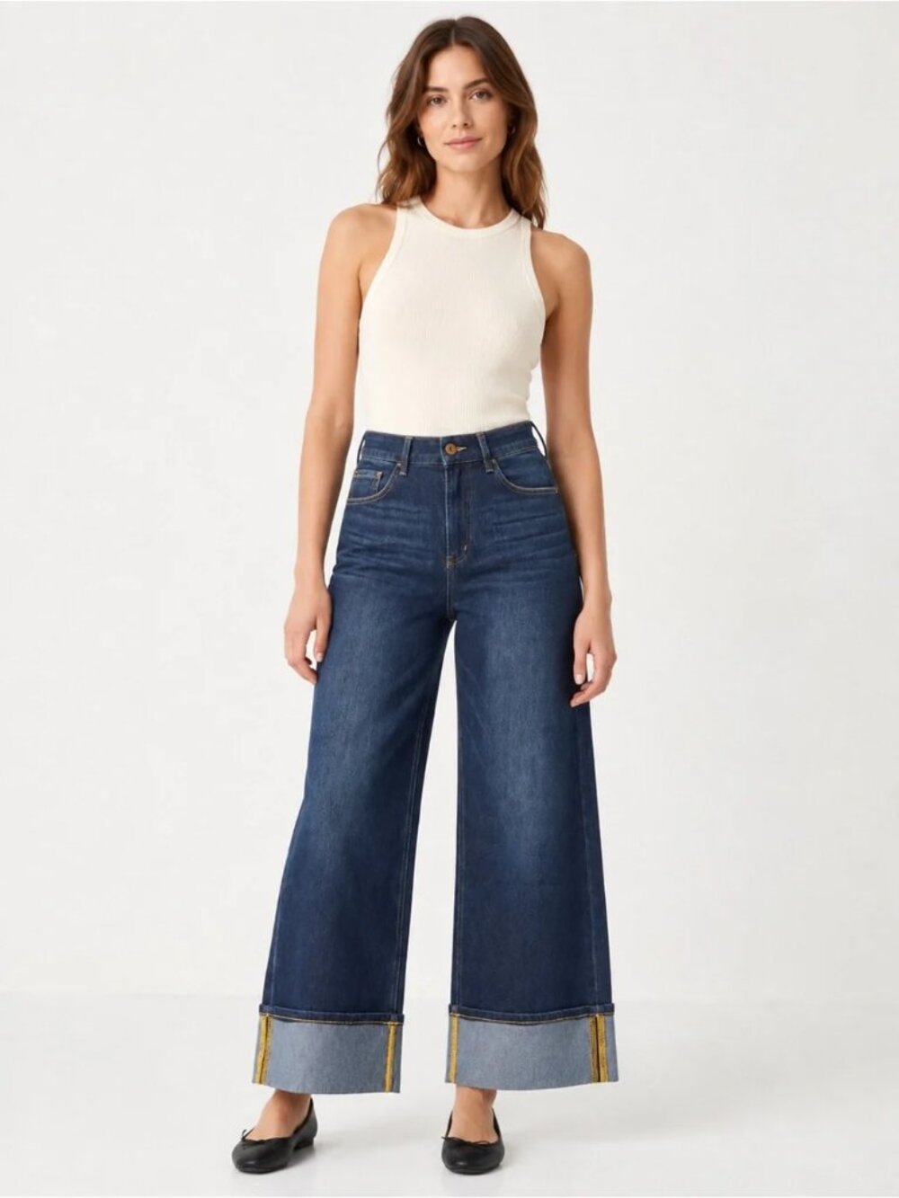 HALARA Jeans Womens Large Blue Wide Leg Relaxed Cuffed Crop Stretch Denim Pants
